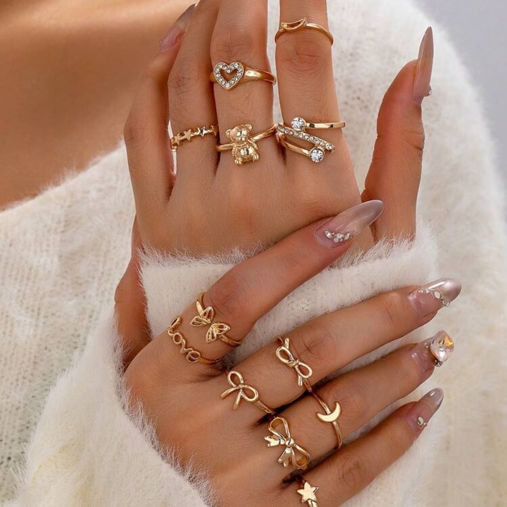 12 Pcs Star Moon Rings Set Bowknot Bow Ring Heart Rings Set Women Luxurious